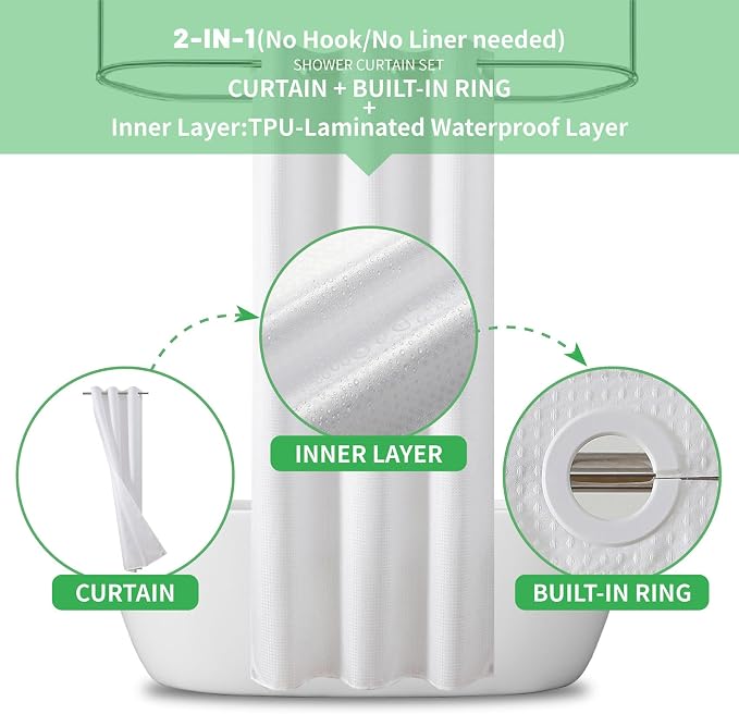 eachope No Hook Waffle Shower Curtain, No Liner Needed, 48x74 Inch, White | 100% waterproof TPU-laminated backing, magnetic weighted hem, machine washable, for bathroom, hotel, or shower stall use
