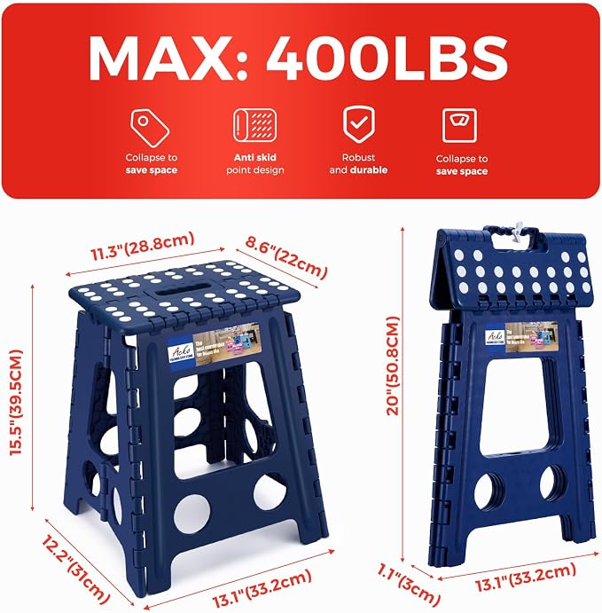 ACKO 16" Folding Step Stool, 400 lbs Capacity Foldable Stools, Royal Blue | Portable Heavy Duty Collapsible Foot Stool with Handle for Adults & Kids, Non-Slip, Safety Lock, Kitchen Bathroom Outdoor