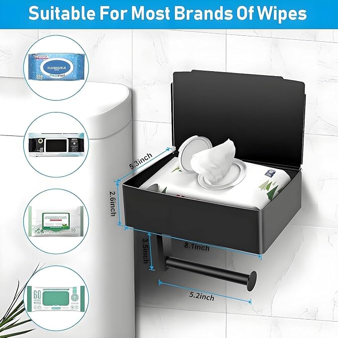 Toilet Paper Holder with Storage, Shelf of Bathroom Toilet Tissue Holder, Toilet Paper Roll Holder, Black Stainless Steel Wall Mount, No Installation & Flushable Wet Wipes Storage (2 Pack)