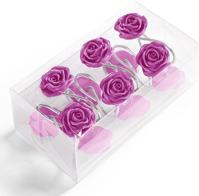 Cute Rose Floral Shower Curtain Hooks Rings for Bathroom,Burgundy 12PCS | Metal Rustproof Curtain Hooks Shower Rings,Girls Decorative Flower Bathroom Decor,for Bathroom Shower Rods