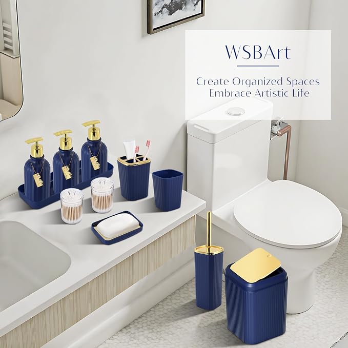 17PCS Bathroom Accessories Set, Navy Blue Bathroom Set Bathroom Accessories Set with Trash Can, Toilet Brush, Toothbrush Holder, Qtip Holder & 3PCS Soap Dispenser