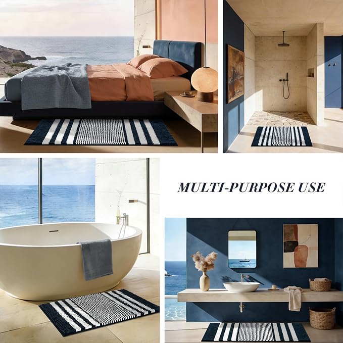 Navy Blue Bathroom Rugs Set 2 Piece, Extra Soft Absorbent Fluffy Striped Chenille Bathroom Floor Mat, Non Slip Quick Dry Washable Bath Rugs for Shower, 20" x 47" Plus 20" x 32"