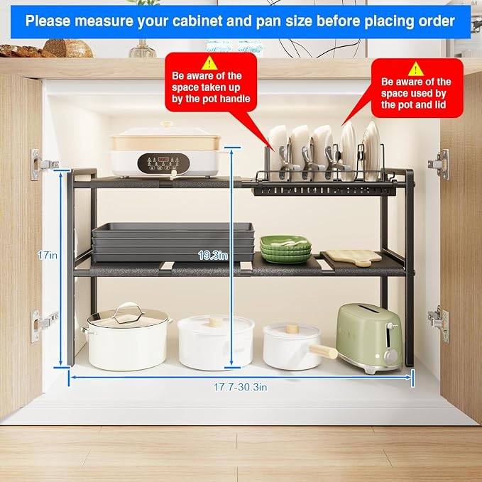Mustorn Pots and Pans Organizer Under Cabinet, Expandable 2 Tier Under Sink Organizers and Storage Adjustable Height Kitchen Pot and Pan Lid Holder Rack with 6 Dividers(6panels,1 Pot rack, Black)