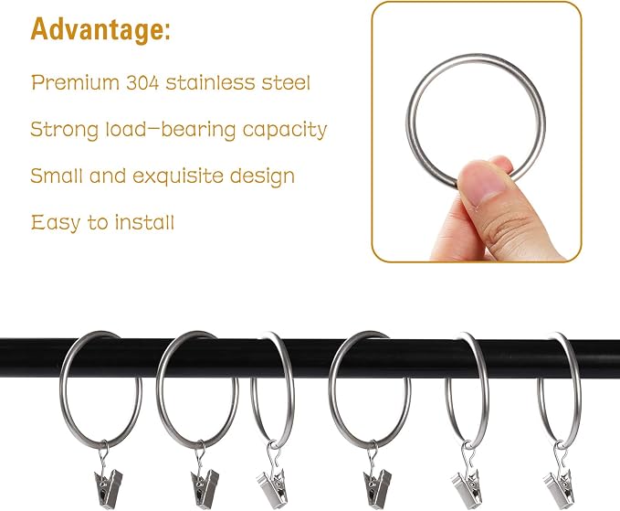 Lansian 20 Pack Curtain Rings with Clips Hooks 2 in Diameter Rustproof | Metal Stainless Steel Drapery Rings for Tension Rod Bracket Eyelets Decorative Hanger, Fits 2 in Rods, Matte Silver