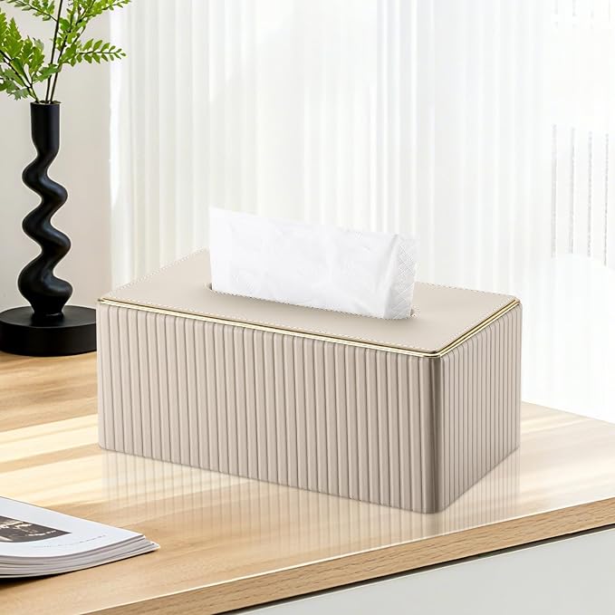 Rectangular Tissue Box Cover, PU Leather Tissue Box Holder with Magnetic Bottom, Napkin & Facial Tissue Holder Dispenser Decorative Box Cover for 120-count (3-Ply) 160-count (2-Ply) Beige