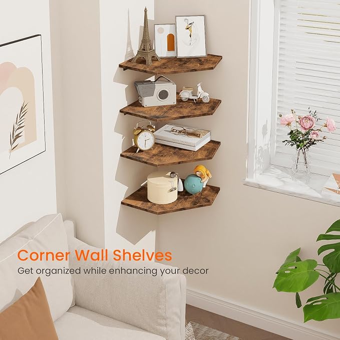 Corner Shelf Wall Mount, Set of 4 Floating Corner Shelves with Cord Hole for Cable Box, Wood Corner Hanging Shelves for Bathroom Bedroom Kitchen, Rustic Brown