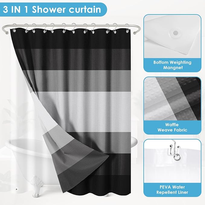 3 in 1 Shower Curtain and Liner,72 x 72 inch, Striped Grey | Black White Shower Curtain and PEVA Liner Set with 12 Rust-Resistant Metal Hooks, Waterproof Fabric Curtains for Bathroom
