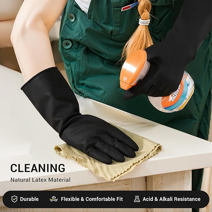 ThxToms Dishwashing Rubber Gloves, Reusable Latex, Large, Black, 3 Pairs | Cleaning Gloves for Housework Kitchen Bathroom, Durable Flexible & Anti-slip, Smooth Lining, Easy On & Off