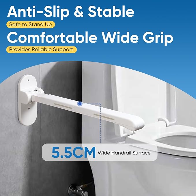 26.8 INCH Flip-Up Toilet Grab Bar with Support Leg, Wall-Mounted Safety Rail for Bathroom, Night Glow Strips on Both Sides, Folding Handrail for Elderly & Disabled