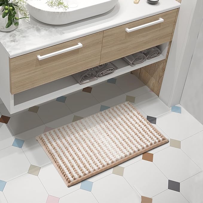 FRESHMINT Chunky Ombre Chenille Bathroom Rug, Beige & White, 17"x24" | Water Absorbent, Soft Bath Rugs for Bathroom Floor, Thick Non Slip, Washable Quick Dry