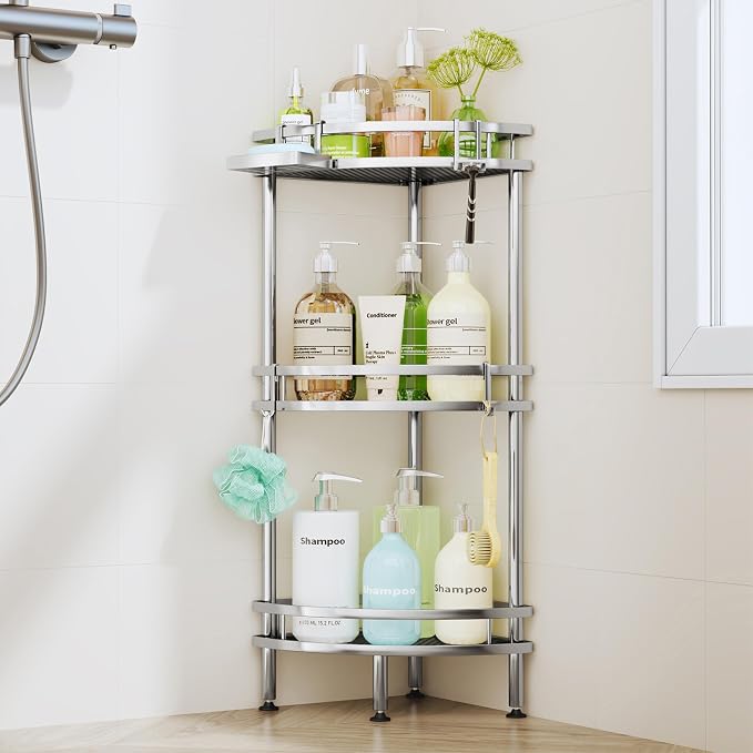 HapiRm Standing Corner Shower Caddy - 3 Tier Shower Organizer Corner with Soap Holder and 4 Hooks, Rustproof Bathroom Storage Shelves with Adhesives, Silver