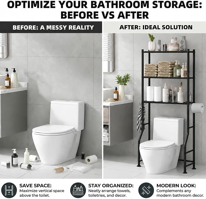 GloTika 3-Tier Over Toilet Storage, Anti-Tilt, 64" H, Black | Anti-Tilt Safety System, 150lb Capacity, Carbon Steel, Freestanding, No Drilling, Anti-Rust Coating, Paper Holder & 4 Hooks