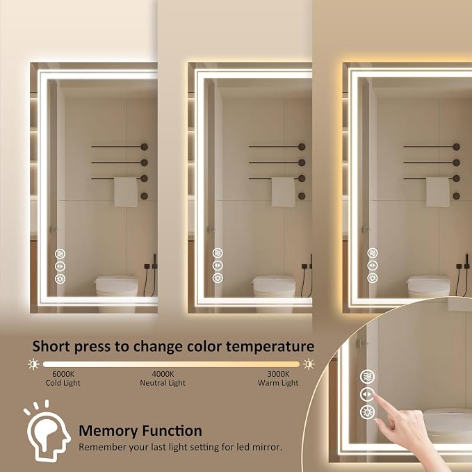 WTTY 32" x 24" LED Bathroom Mirror with Light | Anti-Fog, Dimmable, 3 Color Temperature, Memory Function, Tempered Glass, IP54 Waterproof, ETL Listed