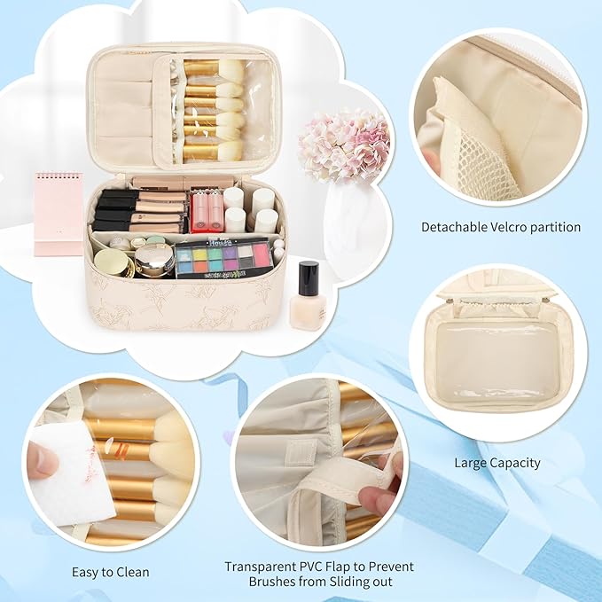 Makeup Bag Set, Portable Travel Makeup Bags Cosmetic Organizer Bag for Women Cute Floral Cosmetic Pouch Large Capacity Make up Bag PU Leather Toiletry Bags with Divider and Handle-Beige