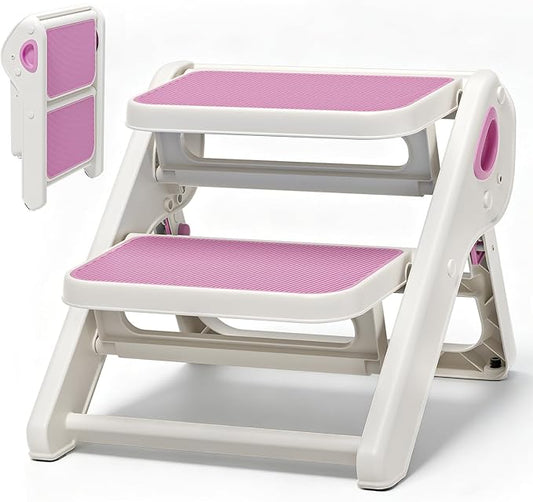 Foldable Toddler Step Stool for Bathroom Sink, Toilet, Bedroom, Kitchen – Non-Slip, Space-Saving, BPA-Free, Supports 110 lbs, Kids Step Stool (Pink)