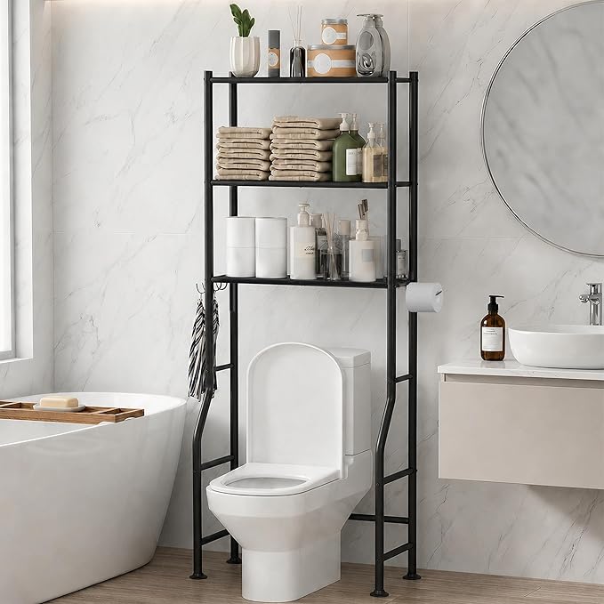GloTika 3-Tier Over Toilet Storage, Anti-Tilt, 64" H, Black | Anti-Tilt Safety System, 150lb Capacity, Carbon Steel, Freestanding, No Drilling, Anti-Rust Coating, Paper Holder & 4 Hooks