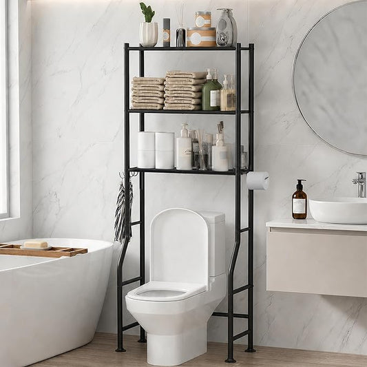 GloTika 3-Tier Over Toilet Storage, Anti-Tilt, 64" H, Black | Anti-Tilt Safety System, 150lb Capacity, Carbon Steel, Freestanding, No Drilling, Anti-Rust Coating, Paper Holder & 4 Hooks
