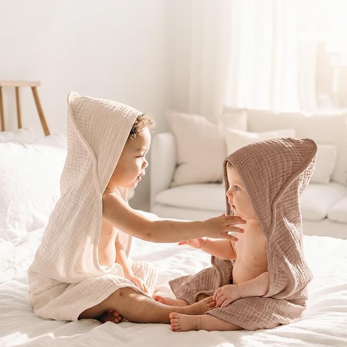 Konssy 2-Pack Muslin Hooded Baby Towels, Bath Towel for Newborns, Toddlers | 32 x 32 In, Ultra-Soft & Absorbent, 100% Cotton Bath Towels Set With Hood for Infants, Boys and Girls (Cream, Camel)