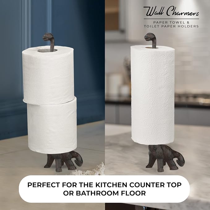 Rustic Paper Towel Holder, Metal Toilet or Kitchen Paper Holder for Floor or Countertop, Rustic Dino | 18.6 inch tall rustic bronsze cast iron hand towel holder for kitchen countertop or bathroom with weighted base, no assembly