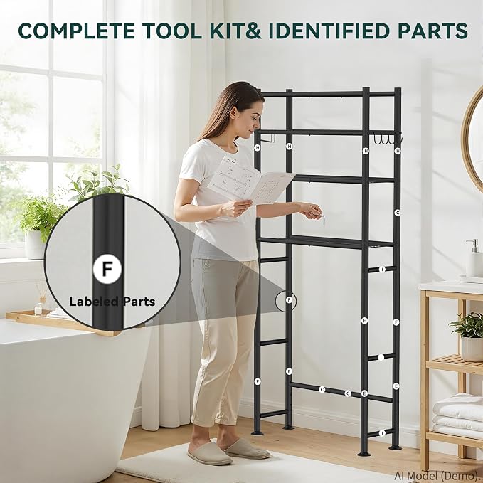 GloTika 4-Tier Over The Toilet Storage Shelves, Black | 200lb Total Capacity, Metal Bathroom Organizer with 36" Clearance, Includes Paper Holder & 4 Hooks, Suit for Small Space