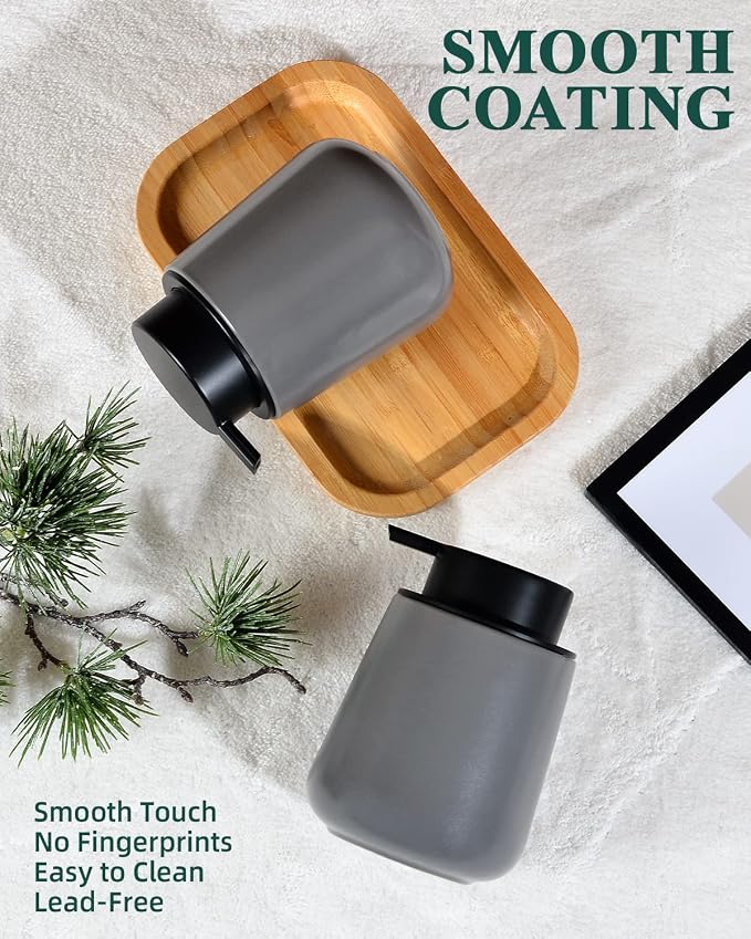 BosilunLife Ceramic Soap Dispenser - Dish Soap Dispenser for Bathroom 12Oz | Refillable Liquid Hand Wash Dispenser for Essential Oil, Lotion Soap, Modern Grey