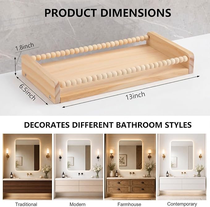 Novabright Toilet Paper Basket Holder 13 Inch Wood Bathroom Tank Tray Basket Back of Toilet Storage Toiletries Organizer for Bathroom, Living Room and Kitchen