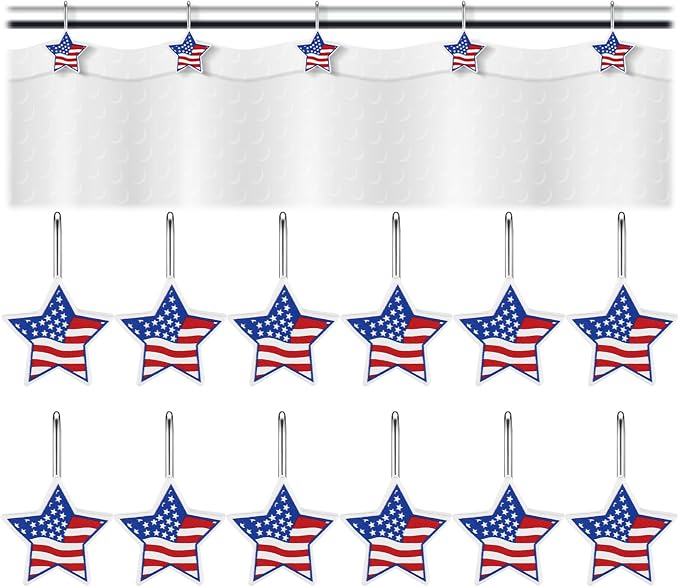 Yaocom 12 Pcs Patriotic Star Shower Curtain Hooks, 4th of July | American Flag Resin Hooks, Rings for Independence Day Bathroom Decor, Fits Standard Shower Rods, 250th Anniversary USA