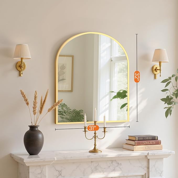 NEWBULIG 32"X30" Arched Bathroom Mirror for Over Sink, Wall Vanity Mirror | Tempered Glass, Anti-Rust Arched Metal Framed, Hanging or Leaning, Farmhouse Home Decor, Gold