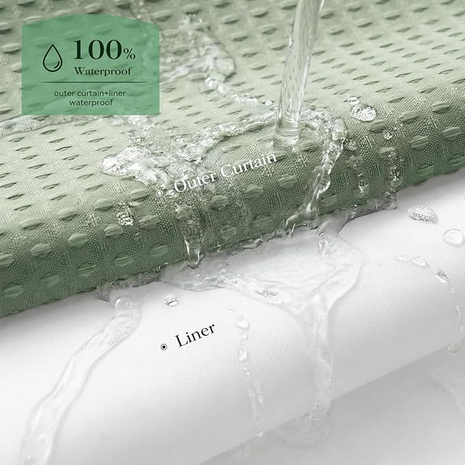 Sage Green Hook Free Waffle Shower Curtain & Snap-in Liner,72x75 | Less Time to install, 3 in 1 Fabric Shower Curtain and Liner Set with Magnets, Mesh Top Window, Shower Curtains for Bathroom