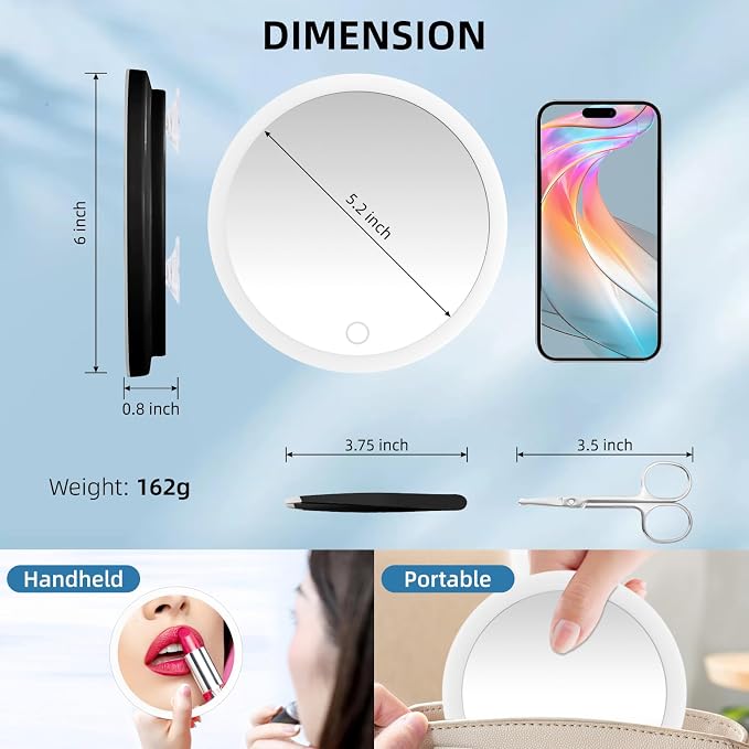 10X Magnifying Mirror with Lights, 10X Magnified Mirror with 3 Suction Cups | 3 Color Dimmable Lights, Rechargeable Makeup Magnifying Mirror 6inch Travel 10X Magnification Mirror with Tweezers & Scissors
