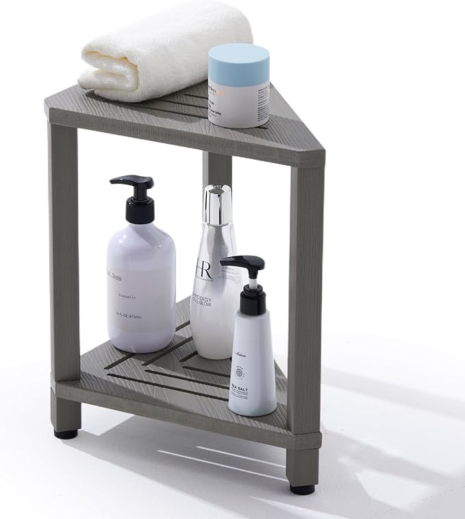 Corner Shower Stool with Storage Shelf, HDPS Waterproof Shower Foot Rest for Shaving Legs, 2-Tier Triangle Bathroom Stool for Inside Shower, Non-Slip Small Shower Bench, Gray