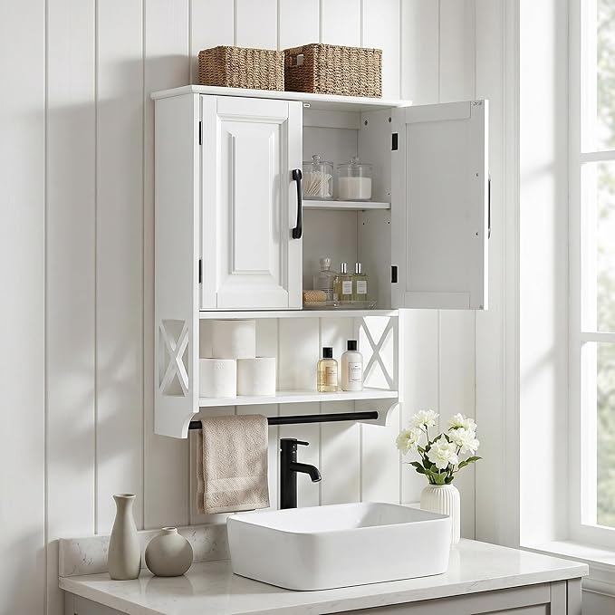 Bathroom Wall Cabinet, 25"x19" Farmhouse Wall Mounted Medicine Cabinet with 2 Raised Panel Doors, Adjustable Shelf & Towel Bar–Over Toilet Storage Organizer for Laundry Room, Entryway or Small Spaces