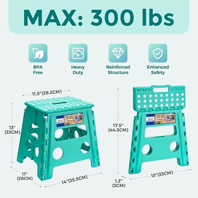 ACKO Folding Step Stool 13 Inch, Heavy Duty for Adults and Kids, Teal | Collapsible Foldable Stools, Non-Slip Surface Foot Stepping stool for Kitchen Bathroom Outdoor, Holds 300 lb, Built-in Handle