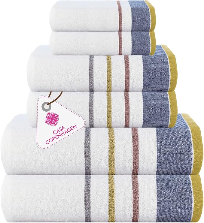 CASA COPENHAGEN 6pcs Bathroom Towel Gift Set, 600GSM,White - Charcoal | White Bay 100% Egyptian cotton ,2Bath 2Hand 2Washcloths, Towels for Bathroom. (Gift Set for Women & Men)