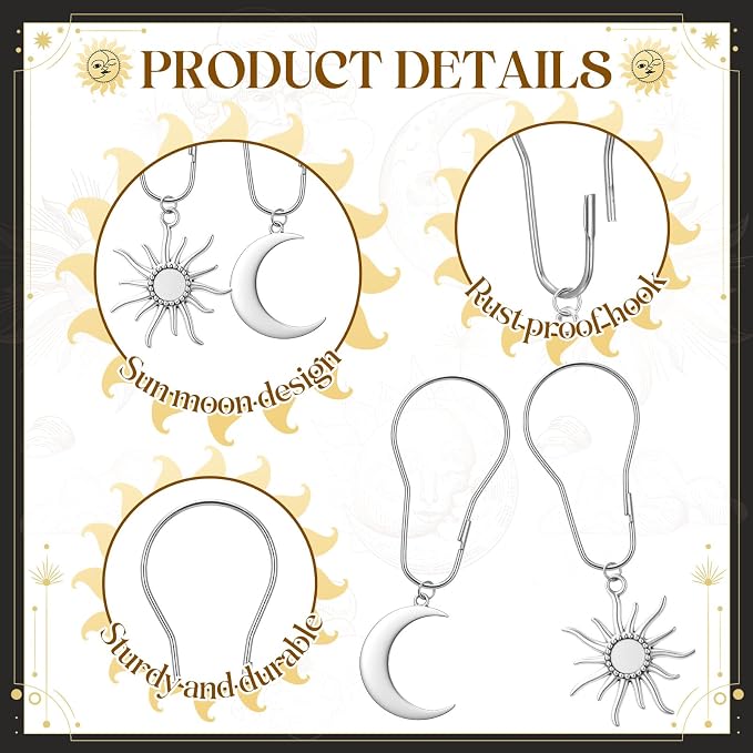 12 Pcs Sun Moon Celestial Shower Curtain Hooks Boho Theme Bathroom Decor Mystic Fantasy Goth Curtain Hooks Rings Vintage Bathroom Decoration(Boho,Silver)