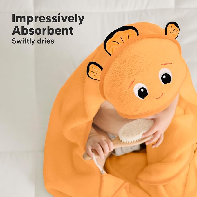 KeaBabies Hooded Baby Towel for Newborn, Baby Bath Towels(Clownfish, 35x35) | Viscose Derived from Bamboo, Large Baby Towels with Hood, Boys, Girls, Toddler, Soft Absorbent Baby Bath Essentials