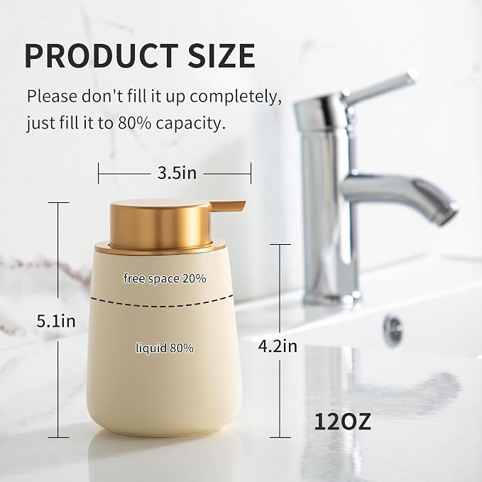 Enra Gold Ceramic Soap Dispenser, Hand Soap Dispenser for Bathroom | 12oz Premium Ceramic Body with Wide-Mouth Refill Design. Elegant Style Enhances Countertops, Kitchens and Home Decor.