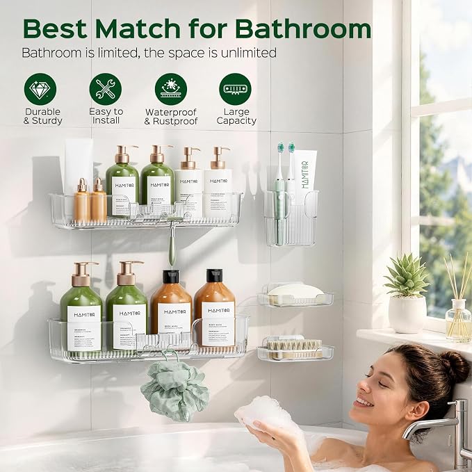HAMITOR 5 Pack Adhesive Shower Caddy, Clear Transparent Shower Organizer | Modern Clear Design, Waterproof Adhesive Setup, Quick Drainage Shelves, Perfect for Homeowner, Apartments & Stylish Bathrooms