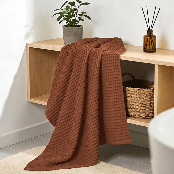 Waffle Bath Towels Set of 2 (Rust) - Fall Bathroom Decor, Large 31” x 62” | Low Lint, Lightweight & Quick Dry Cotton Towels