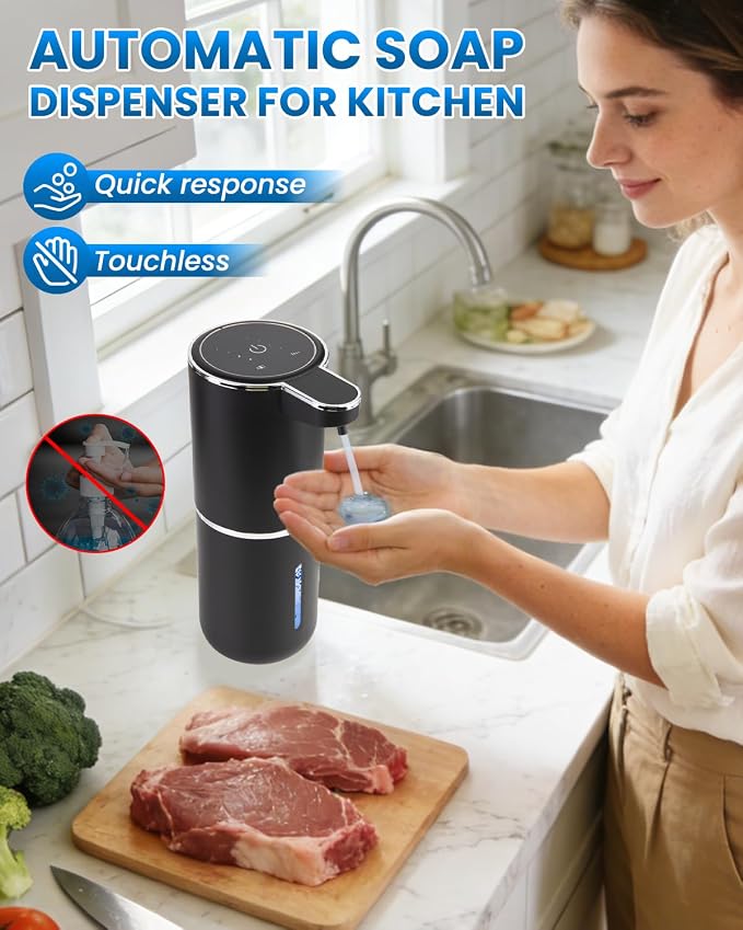 2 Pack DONASIRA Automatic Soap Dispenser, USB Rechargeable Hand Soap Dispenser, 4 Adjustable Soap Levels, IPX5 Waterproof, 12.8oz/380ml, Countertop or Wall Mounted for Bathroom and Kitchen, Black