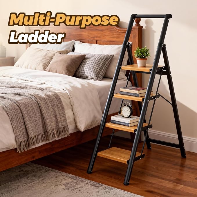 HBTower 4 Step Ladder, Lightweight Aluminum Folding Step Stool | Anti-Slip Wide Pedal, 330lbs Capacity Step Ladder for Household Kitchen Office, BlackWoodgrain