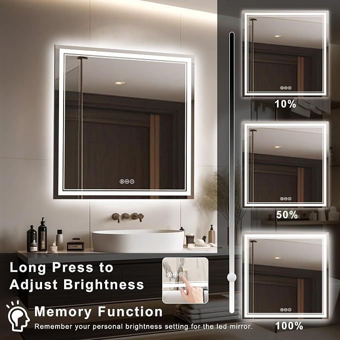 Lighted Mirrors for Bathroom Wall Backlit + Front Lit, Rectangular LED Bathroom Mirror Frameless with Lights Anti Fog, Dimmable, 3 Colors,Tempered Glass, Shatter-Proof (Color 1, 40‘’x30'')