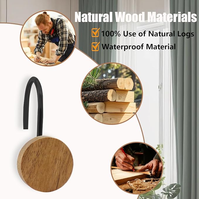 Shower Curtain Hooks, Wood Decorative Shower Curtain Rings, Modern Round Log Shower Curtain Hangers, 12PCS Shower Hooks for Shower Curtain Rod, Bedroom, Living Room (Black)