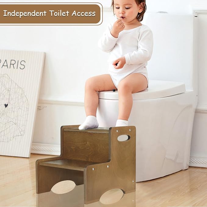 Toddler Step Stool for Kids, Wooden Brown Two Step Children's Stool with Handles, Bonus Non-Slip Pads for Safety, Bathroom Potty Stool & Kitchen Step Stools Dual Height