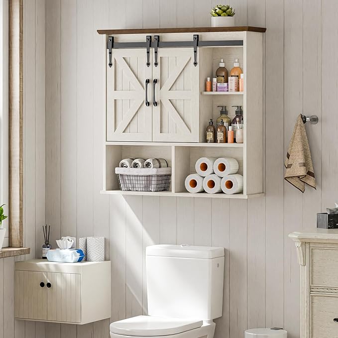 Vabches Bathroom Wall Cabinet, Farmhouse Medicine Cabinet, Rustic White | Wooden Vintage Storage Cabinet Wall Mounted with Double Sliding Barn Door and Adjustable Shelf for Bathroom, Kitchen