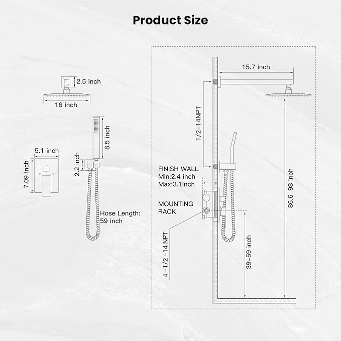 gotonovo Shower Faucet Set with Handheld Spray Brushed Nickel,16'' Head | SUS304 Rainfall Shower Head and Handle Set System Fixture,Pressure Balance Valve Trim Kit,Single Handle,Wall Mount,All Metal