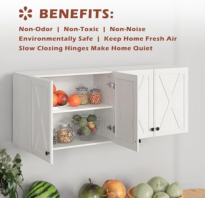 FIMELLO Wall Cabinet, Bathroom Wall Cabinet, Farmhouse Wall Mounted Cabinets for Kitchen Garage Laundry Storage, Medicine Cabinet with 2 Door and Shelf, Laundry Room Wall Cabinets, White Grain