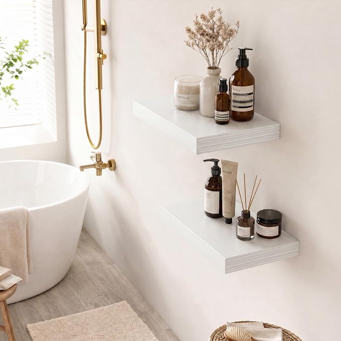 Deep Floating Shelves for Wall, 12 Inch Wide Small Wall Shelves Set of 2, 2 Inch Thick Invisible Wall Mounted Shelves for Bathroom Bedroom Nursery,White