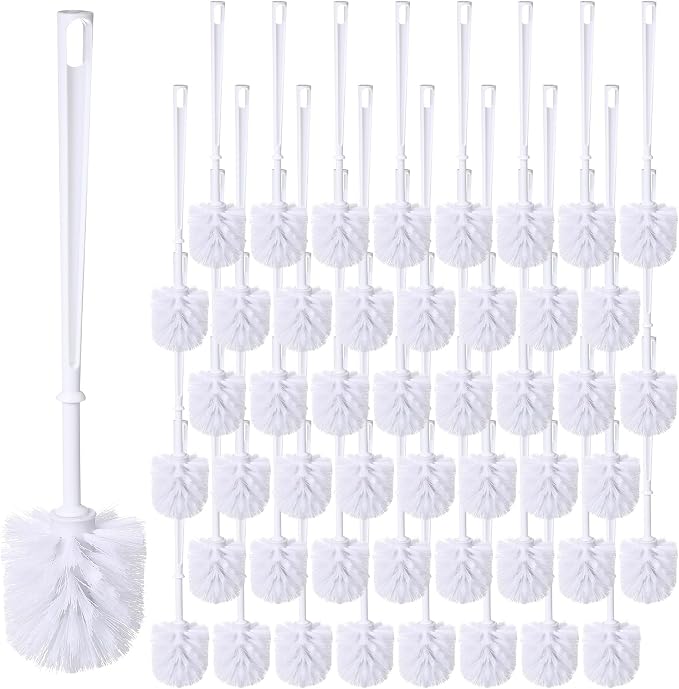 50 Pcs White Toilet Brush, Bathroom Toilet Bowl Brush, Soft Bristle Long Handle Plastic Toilet Scrubber for Bathroom