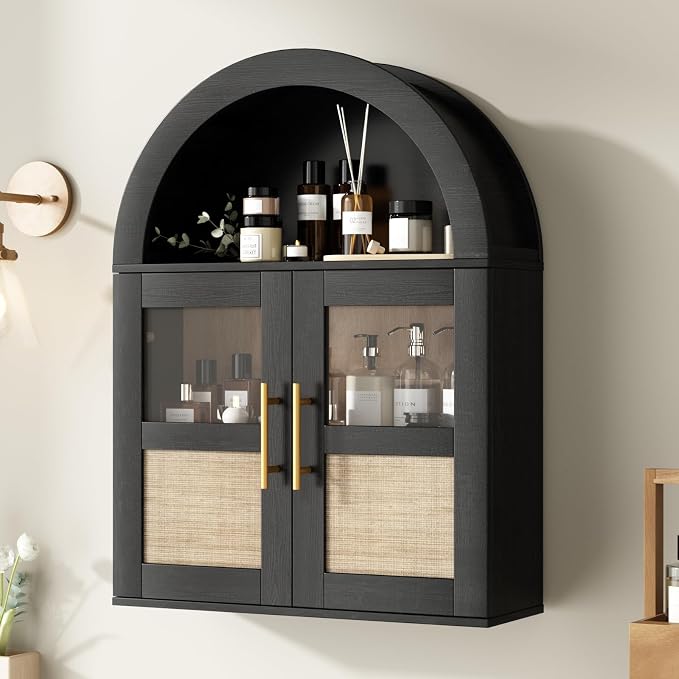 RUSTOWN Arched Bathroom Wall Cabinet with 2 Glass & Rattan Doors | Rattan Medicine Cabinet, Farmhouse Over the Toilet Storage Cabinet, Adjustable Shelves, 3-Tier Wall Mounted Cabinets